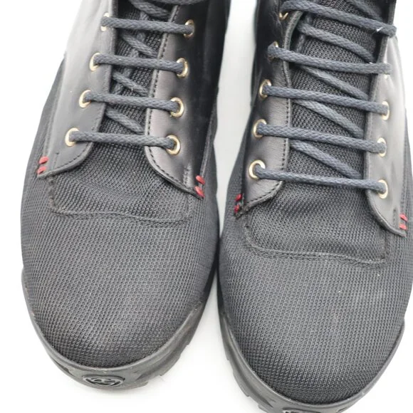GUCCI Black Leather Signature Webbing Shearling Lined Men UK 9.5 US 10 Combat